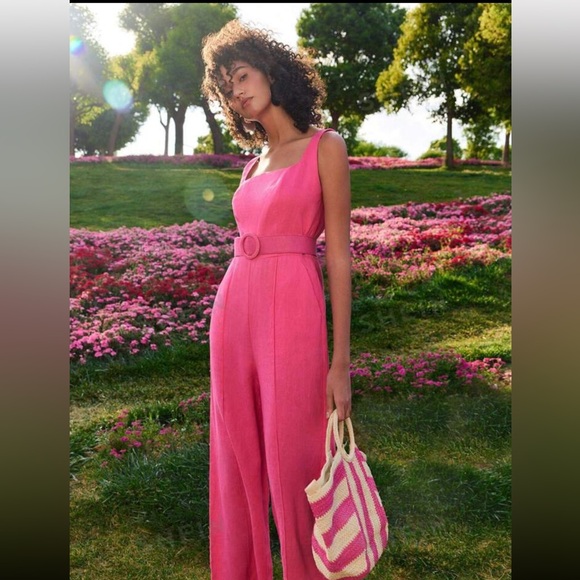 MOTF PREMIUM PURE LINEN SOLID COLOR SQUARE NECKLINE BELTED SLEEVELESS JUMPSUIT - Picture 2 of 5